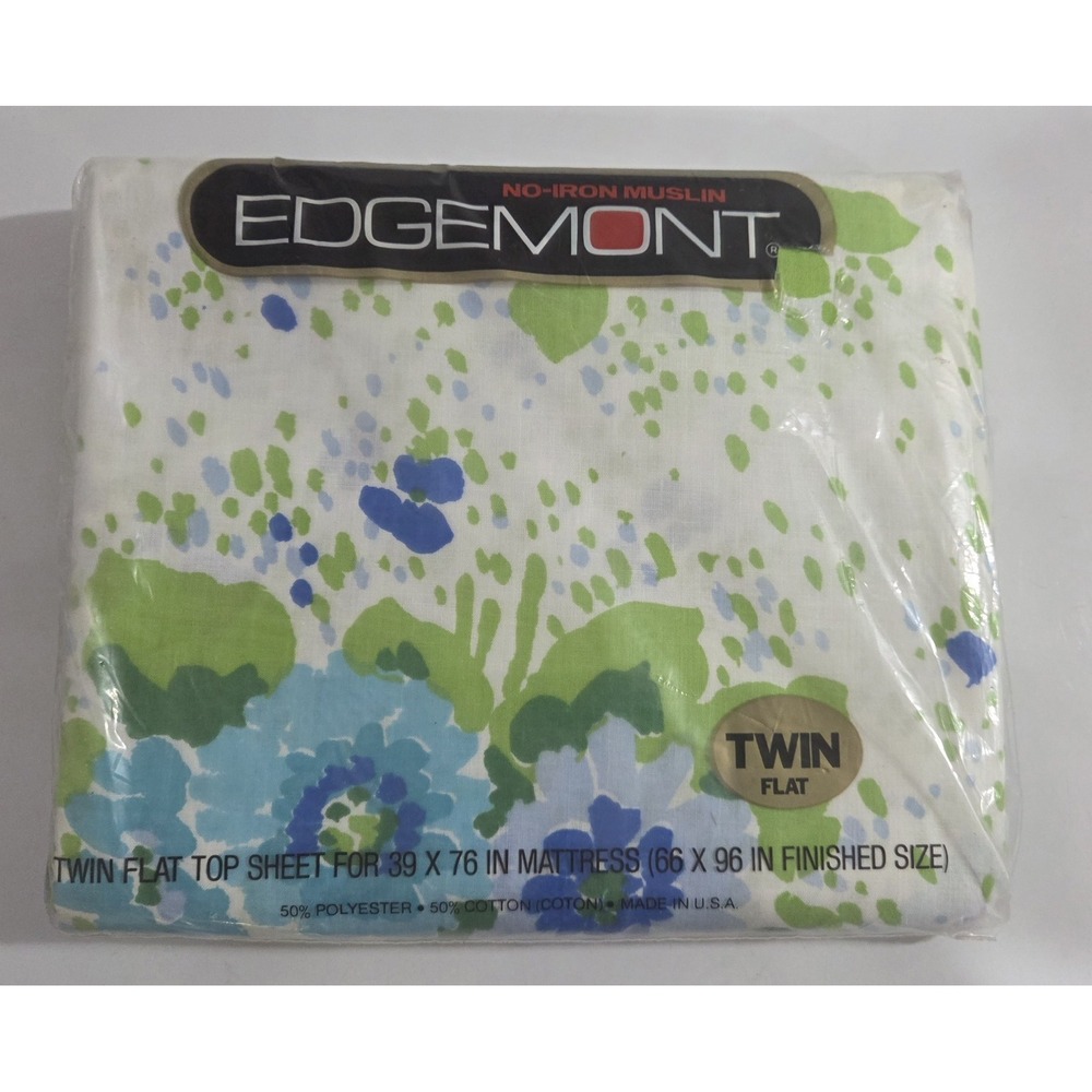 Edgemont Blue Green Floral Twin Flat Sheet  Vintage Unopened